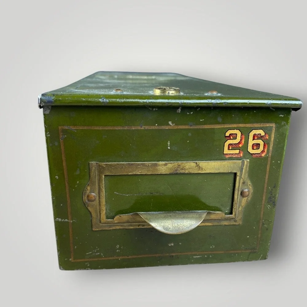 Safety Deposit Box Army Green Baked Enamel Metal 1940s Louis F Dow Co